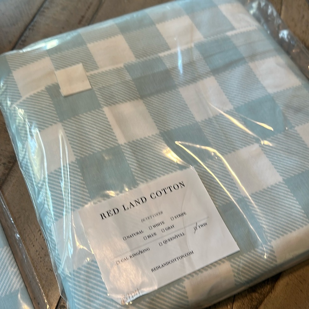 Red Land Cotton Gingham Blue Twin Duvet Cover and Pillow Sham